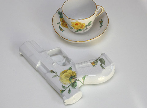 Art object Porcelain Pistol hand painted with Yellow Rose decor. Unique piece by YLS Yvonne Lee Schultz