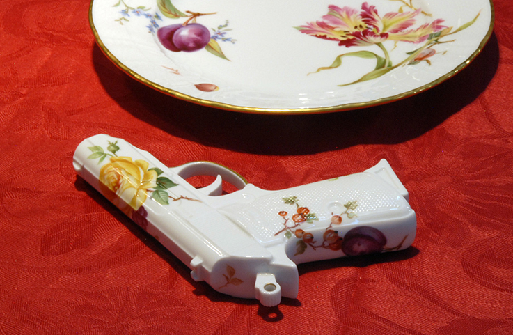 Beauty, riches and fragility of life. Fruits and Flowers decor on elegant bone china artwork. Extraordinary Thanksgiving or Christmas present, limited edition. Each a unique hand painted Porcelain Pistol. By artist YLS Yvonne Lee Schultz with Royal Porcelain Manufactory Berlin