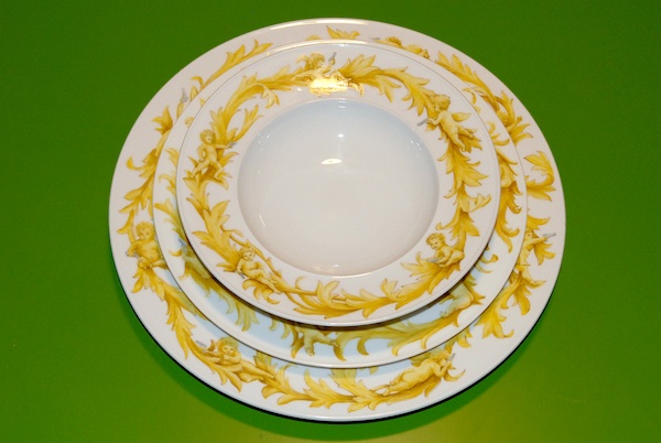 Putti in golden yellow roccaille decor on tableware service, soup, dinner and big plate_handpainted artwork by YLS Yvonne Lee Schultz