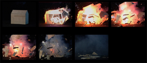 Explosion of model house with pyrothechnics. Photography stills of video taken with high velocity camera. artist YLS Yvonne Lee Schultz