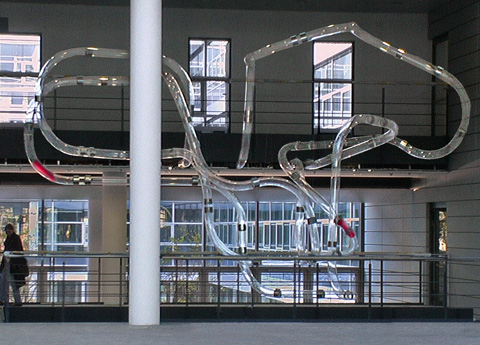 site specific hanging kinetic art installation. European Patent office thoughts. YLS Yvonne Lee Schultz
